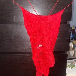 criss cross red lace body suit